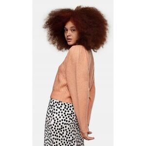 💗 TOPSHOP Peach Orange Cable Knit Puff Sleeve Rib Pullover Small UK4/6  36-38
